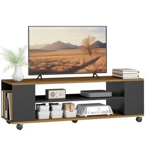 Mueble de TV con Ruedas, Mesa de TV Suspendido o de Pie, para Salón, con 4 Estantes Abiertos, para Televisión de 55 Pulgadas, Estilo Moderno, 120x40x38,5 cm, Nogal y Negro
