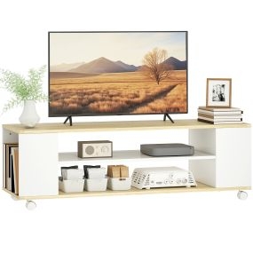 Mueble de TV con ruedas, suspendido o de pie, 4 estantes, 120x40x38,5 cm, natural y blanco
