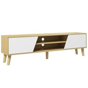 Mueble TV de salón con 2 puertas, 2 estantes y 5 patas de madera, roble, 150x30x42 cm