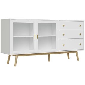 Aparador moderno blanco con 2 puertas de vidrio, 3 cajones y patas de madera de caucho 160x40x80 cm