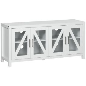 Mueble TV blanco 130x35x60 cm para televisores hasta 58" con 4 puertas de vidrio templado y estantes ajustables