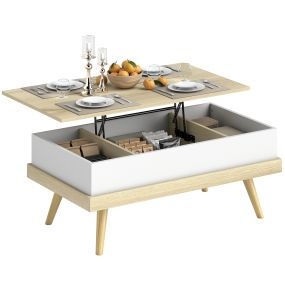 Mesa de Centro Elevable, Mesita de Salón con 3 Compartimientos de Almacenaje Ocultos y Patas de Madera, Mesa de Café para Oficina, Dormitorio, 100x79x54 cm, Natural y Blanco
