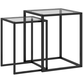 Conjunto de 2 mesas auxiliares cuadradas apilables con encimera de vidrio templado y marco de acero negro 33x33x45,5 cm y 42x42x51 cm