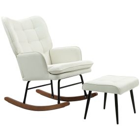 Silla mecedora con reposapiés, cojín acolchado, respaldo alto, madera, crema, 130 kg