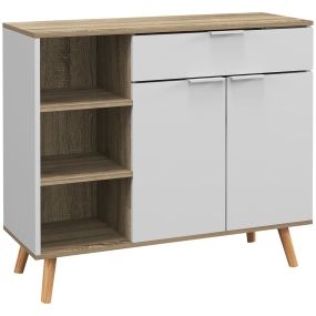 Aparador moderno con 1 cajón, 2 puertas, estantes ajustables, 95x35x85 cm, blanco y natural