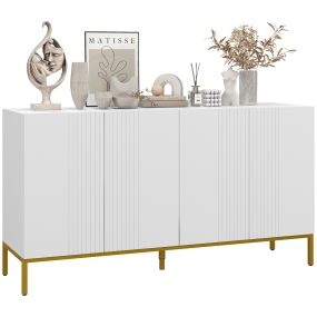 Aparador de 4 Puertas, Aparador de Salón Estrecho con Estantes Ajustables, Armario de Cocina con Cierre Suave y Patas Doradas, para Entrada, Dormitorio, 140x40x75 cm, Blanco