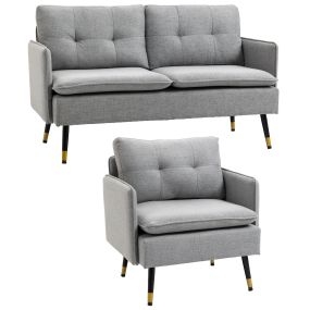 Conjunto de sofá 2 plazas y butaca con reposabrazos, asiento acolchado y patas de acero gris