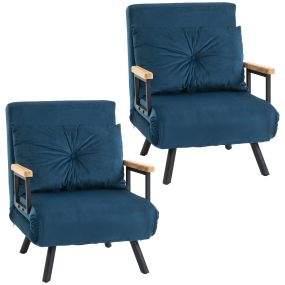 Pack de 2 sofás cama de 1 plaza plegables tapizados en terciopelo azul 63x73x81 cm