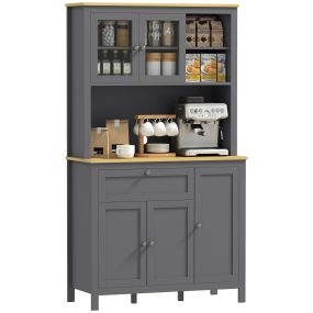Alacena de cocina alta gris con 5 puertas, estante ajustable, cajón y encimera para microondas