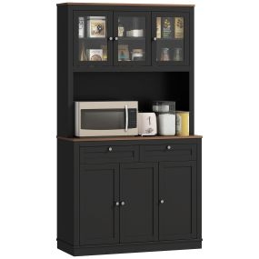 Alacena de cocina negra con 3 puertas de vidrio, 2 cajones, estantes ajustables y espacio para microondas 100x40x180 cm