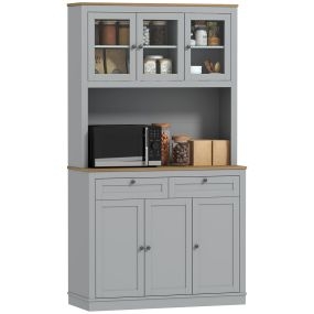 Alacena de cocina gris con 3 puertas de vidrio, 2 cajones, estantes ajustables y encimera para microondas 100x40x180 cm