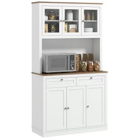 Alacena de cocina blanca con 3 puertas de vidrio, 2 cajones, estantes ajustables y espacio para microondas, 100x40x180 cm