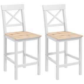Conjunto de 2 taburetes de bar de madera natural y blanco con respaldo y reposapiés, asiento 60,2 cm