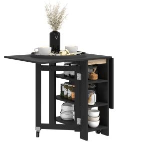Mesa de comedor plegable con ruedas, alas abatibles y estantes, 120x60x75 cm, negro
