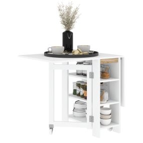 Mesa de comedor plegable con ruedas, alas abatibles y estantes, 120x60x75 cm, blanco
