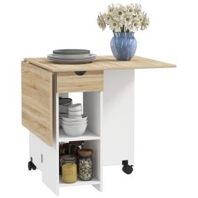 Mesa plegable de comedor y cocina con ruedas, alas abatibles, cajón y estantes, 120x72x75 cm, roble y blanco
