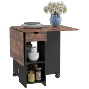Mesa de comedor plegable con ruedas, alas abatibles, cajón y estantes 120x72x75 cm marrón rústico y negro