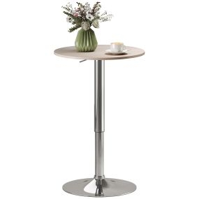 Mesa de bar redonda ajustable 67-93 cm, tablero Ø60 cm giratorio 360°, base cromada, madera natural
