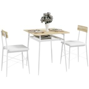 Conjunto de mesa y sillas de comedor de 3 piezas, mesa rectangular con estante abierto, acero blanco y roble