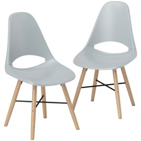 Pack de 2 sillas de comedor de plástico gris con respaldo curvado y patas de madera de caucho