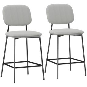 Juego de 2 taburetes altos de bar con respaldo y reposapiés tapizados en terciopelo gris claro
