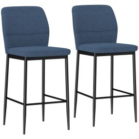 Juego de 2 taburetes altos de bar con respaldo y reposapiés tapizados en terciopelo azul