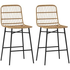 Conjunto de 2 taburetes altos de cocina con respaldo y asiento de ratán marrón, carga 120 kg