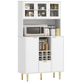 Alacena de cocina blanca 100x40x180 cm con 3 puertas de vidrio, botellero, cajón y estantes ajustables