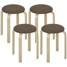 Juego de 4 taburetes apilables redondos de madera con asiento acolchado marrón y natural