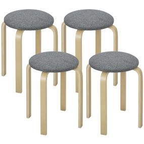 Juego de 4 taburetes apilables redondos de madera con asiento acolchado gris y natural