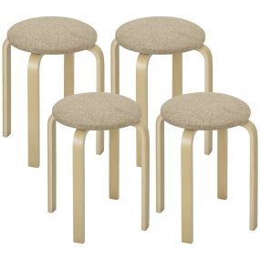 Juego de 4 taburetes apilables redondos de madera con asiento acolchado caqui y natural