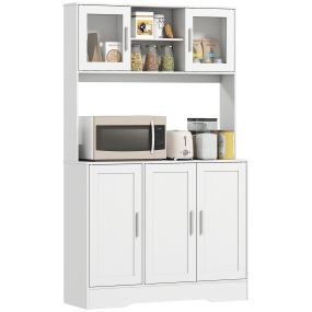 Alacena de cocina blanca con 2 puertas de vidrio, encimera para microondas y estantes ajustables