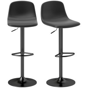 Juego de 2 taburetes de bar regulables en altura 84-104 cm con respaldo y reposapiés tapizados en PU negros giratorios 360°