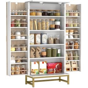 Armario despensa de cocina blanco con 2 puertas, 12 estantes y base de acero, 58x29x119,5 cm