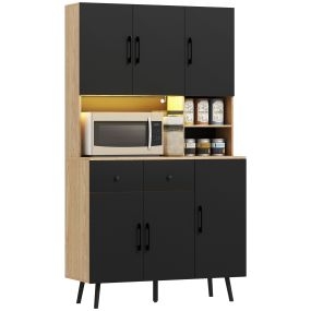 Alacena de cocina alta con luces LED RGB controlables por app, 6 puertas, 2 cajones, negro y roble, 100x40x176 cm