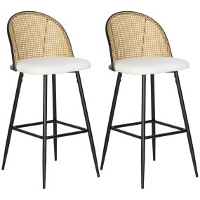 Juego de 2 taburetes de bar altos con respaldo de ratán, asiento tapizado en borreguito, blanco crema