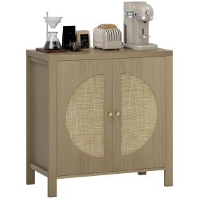 Aparador de cocina de madera natural con 2 puertas de ratán sintético, estante ajustable, 75x38x77 cm