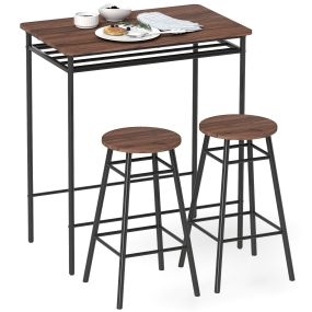 Juego de mesa y taburetes de bar industrial marrón con estante abierto y reposapiés