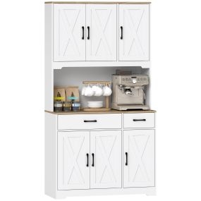 Alacena de cocina alta blanca con 6 puertas, 2 cajones, estantes ajustables y hueco para microondas