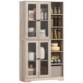 Alacena de cocina gris claro con estantes abiertos, 4 puertas de vidrio y cierre suave, 90x35x172 cm