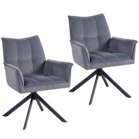 Juego de 2 sillas de comedor giratorias 360° tapizadas en terciopelo gris con reposabrazos y patas de acero