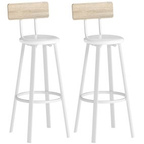 Juego de 2 taburetes de bar altos de cocina con respaldo y reposapiés, tapizados de PU, natural y blanco