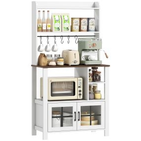 Alacena de cocina alta blanca con 6 ganchos, 2 puertas de vidrio y estantes abiertos 80x40x152 cm