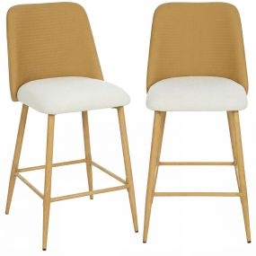 Juego de 2 taburetes de bar altos con respaldo, lino y PU, acero, asiento 65 cm, marrón