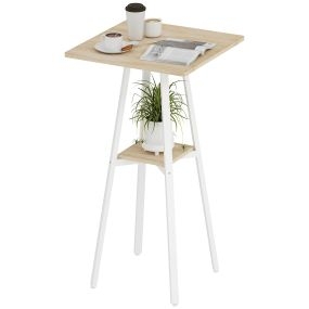 Mesa alta cuadrada de cocina con estante, para 2 personas, 55x55x95 cm, madera natural y blanco