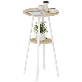Mesa alta redonda de cocina con estante, metal, madera natural y blanco, 55x55x95 cm