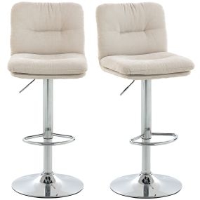 Juego de 2 taburetes de bar giratorios de lino beige, altura ajustable 64-86 cm, con respaldo y reposapiés