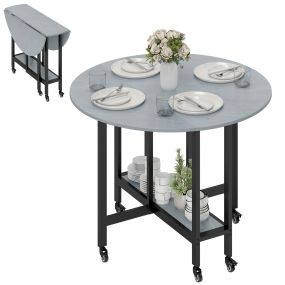 Mesa de comedor plegable para 2-4 personas con ruedas, alas abatibles y estante abierto, 100x100x75 cm, gris cemento