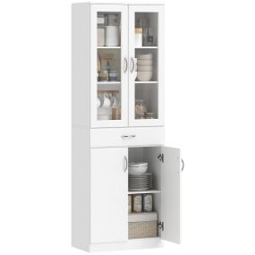 Alacena de cocina blanca con puertas de vidrio, cajón y estantes ajustables 60x35x180 cm
