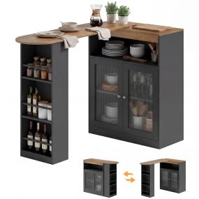 Mesa de bar extensible y giratoria 90° con estantes y 2 puertas de vidrio, 150x80x105,5 cm, negro y natural
